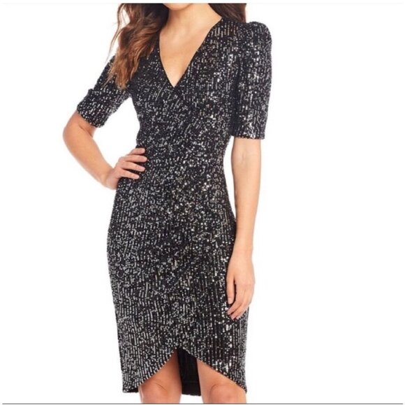 Calvin Klein Faux Wrap Sequin Dress SIze 10 Black Formal Cocktail Party Gala - Picture 1 of 14